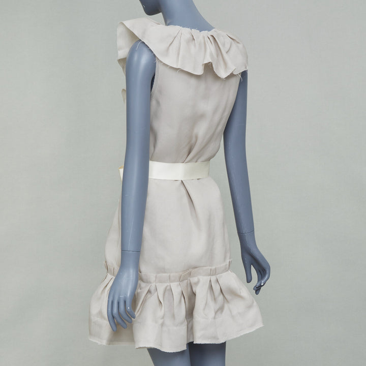 LANVIN 2008 light grey ruffle silk sleeveless bow belted mini dress FR34 XS