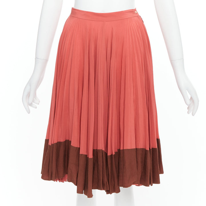 FENDI Vintage 100% silk  pink brown colorblock pleated midi skirt IT36 XXS