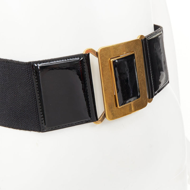 YVES SAINT LAURENT 2002 black patent leather elastic square buckle belt 65cm