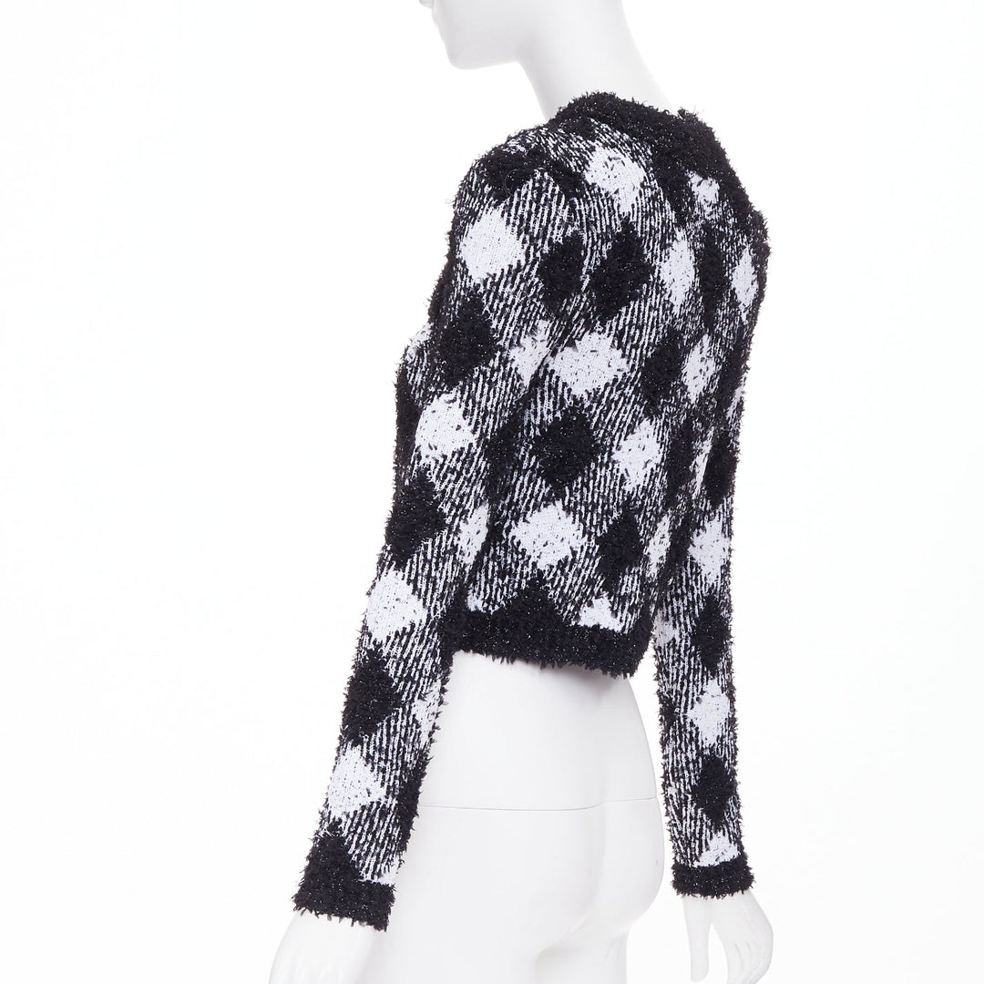 BALMAIN 2023 metallic vichy plaid houndstooth check knit crop cardigan FR34 XS