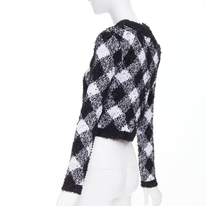 BALMAIN 2023 metallic vichy plaid houndstooth check knit crop cardigan FR34 XS