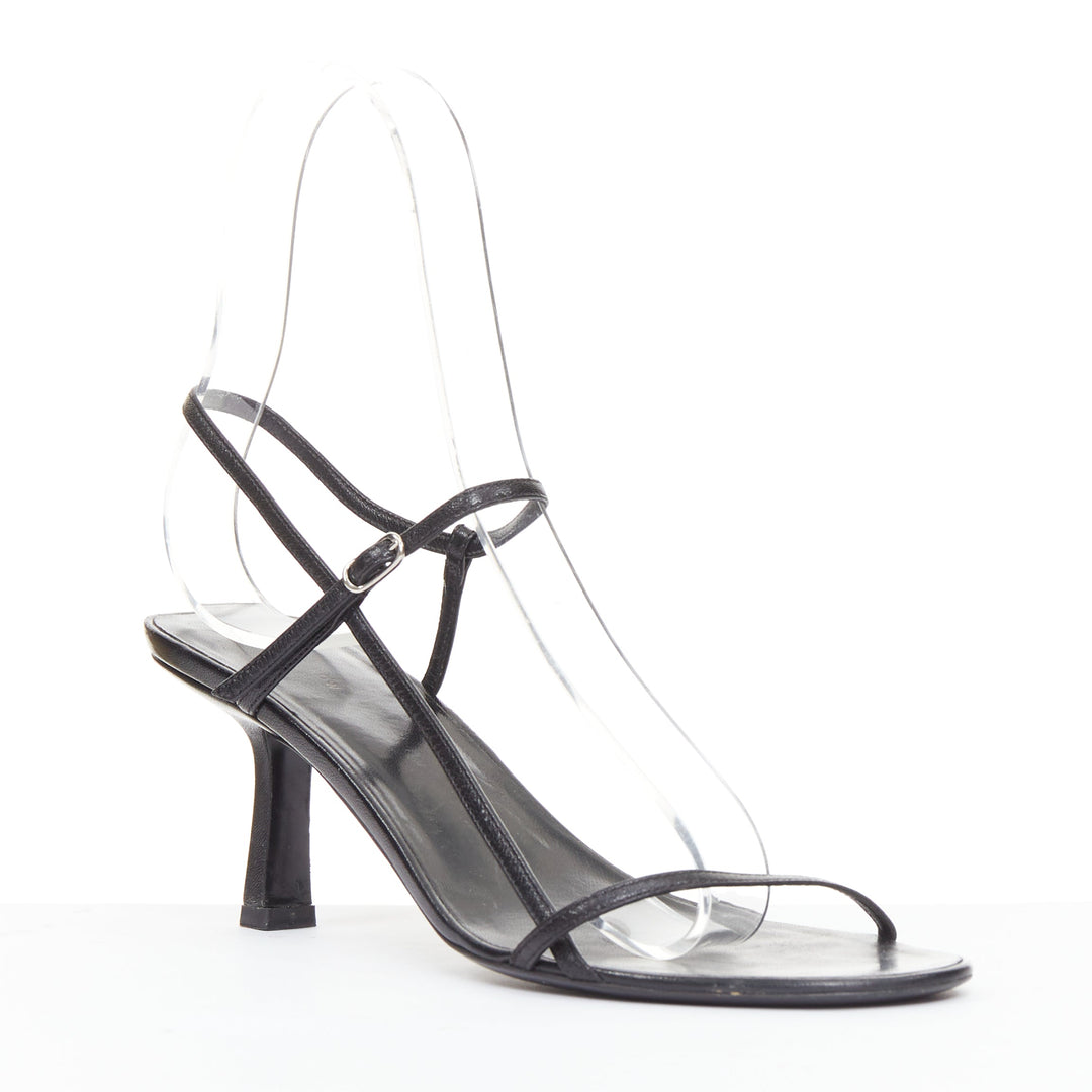 THE ROW Bare black minimalist slim straps silver buckles spool heel sandals EU36