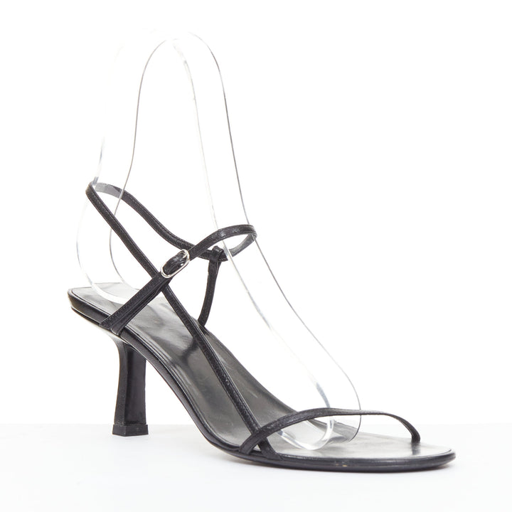 THE ROW Bare black minimalist slim straps silver buckles spool heel sandals EU36