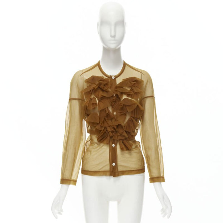 Runway COMME DES GARCONS 1990s sheer brown pleated ruffle button front shirt M