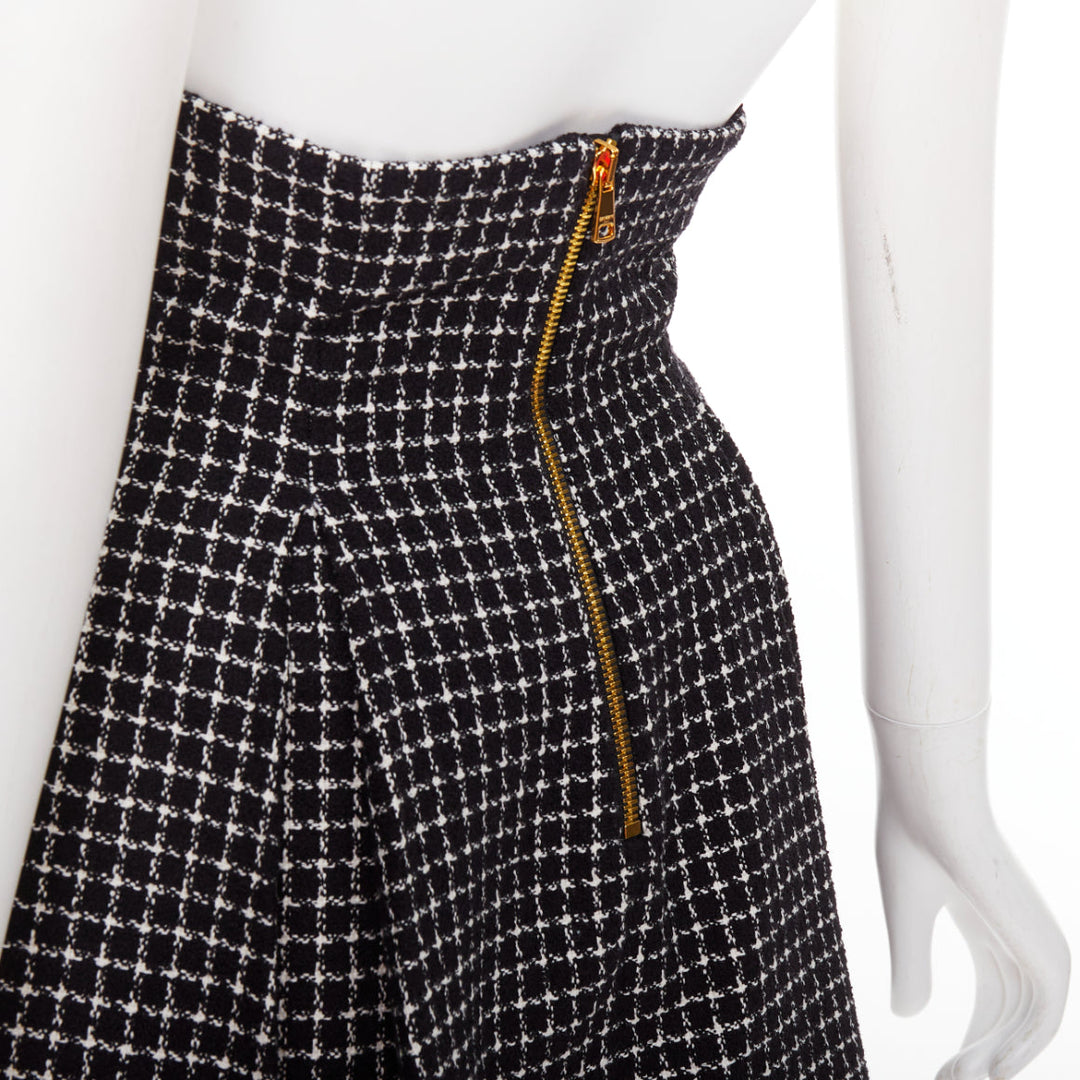 BALMAIN Tulip black white houndstooth cotton tweed flare skater skirt FR34 XS