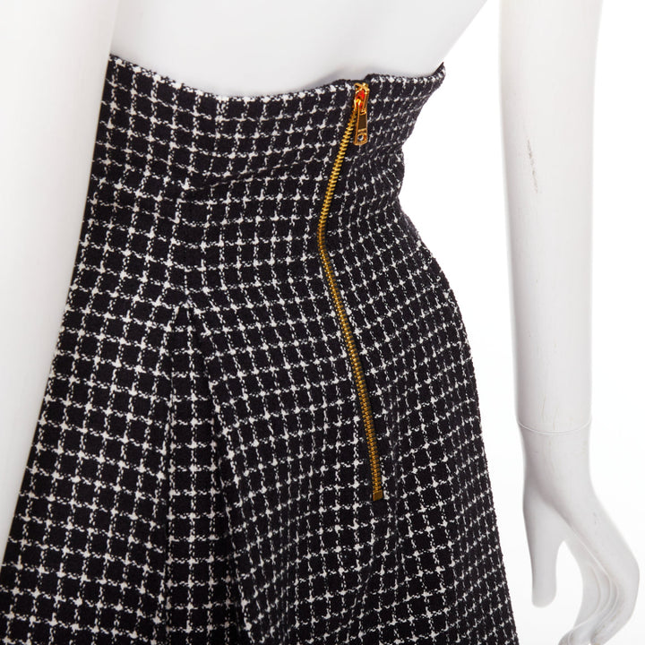 BALMAIN Tulip black white houndstooth cotton tweed flare skater skirt FR34 XS