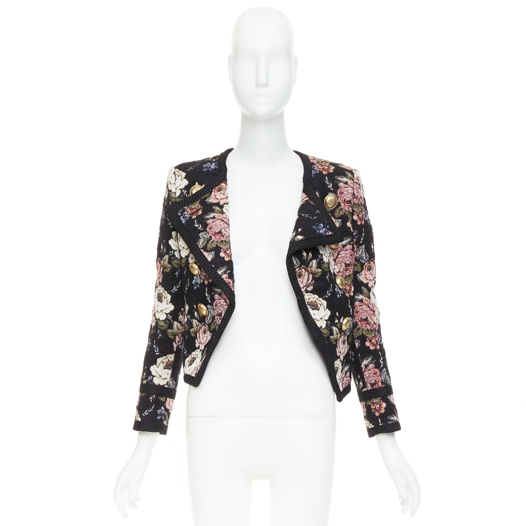 SAINT LAURENT 2017 floral jacquard tapestry gold crop officer jacket FR36 S