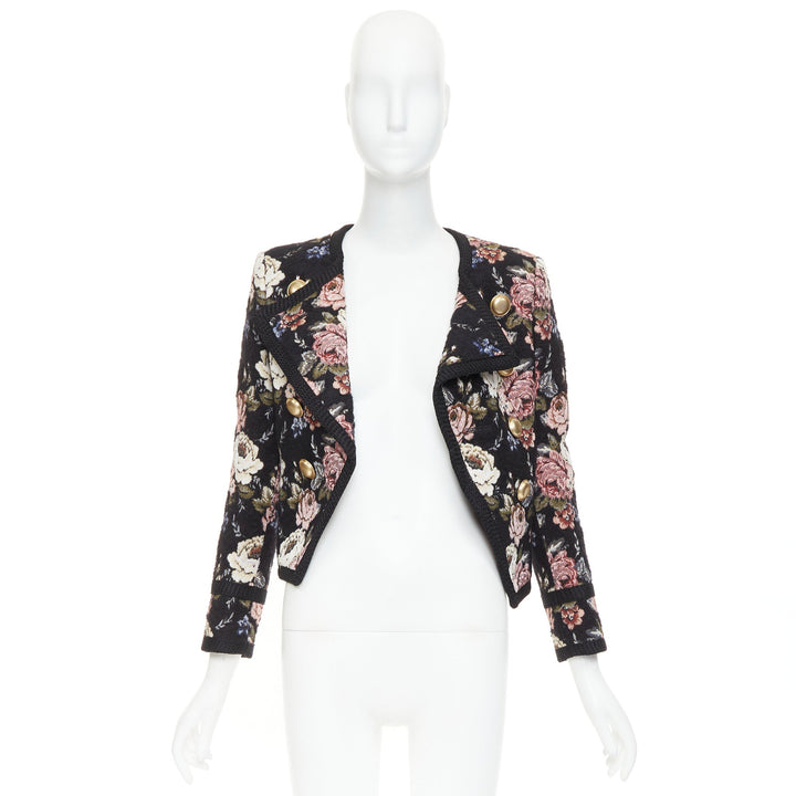 SAINT LAURENT 2017 floral jacquard tapestry gold crop officer jacket FR36 S