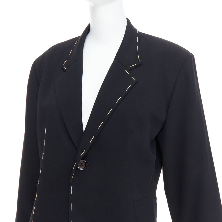 YOHJI YAMAMOTO black wool blend handstitched detail long blazer coat S