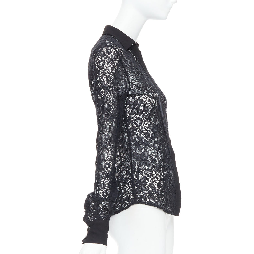 D&G DOLCE GABBANA Vintage black cotton silk floral lace sheer shirt IT38 XS