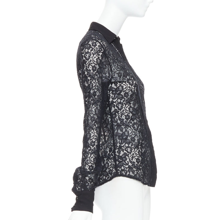 D&G DOLCE GABBANA Vintage black cotton silk floral lace sheer shirt IT38 XS
