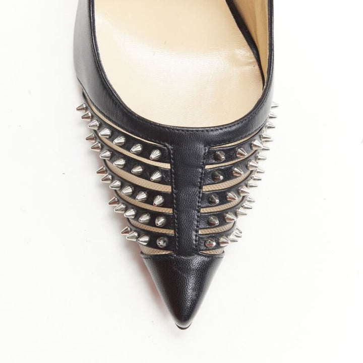 CHRISTIAN LOUBOUTIN Bereta 100 black spike stud mesh pointy pigalle EU38.5