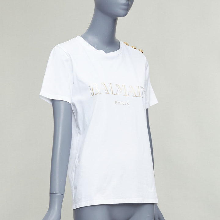 BALMAIN white metallic gold foil logo print button shoulder tshirt FR38 M