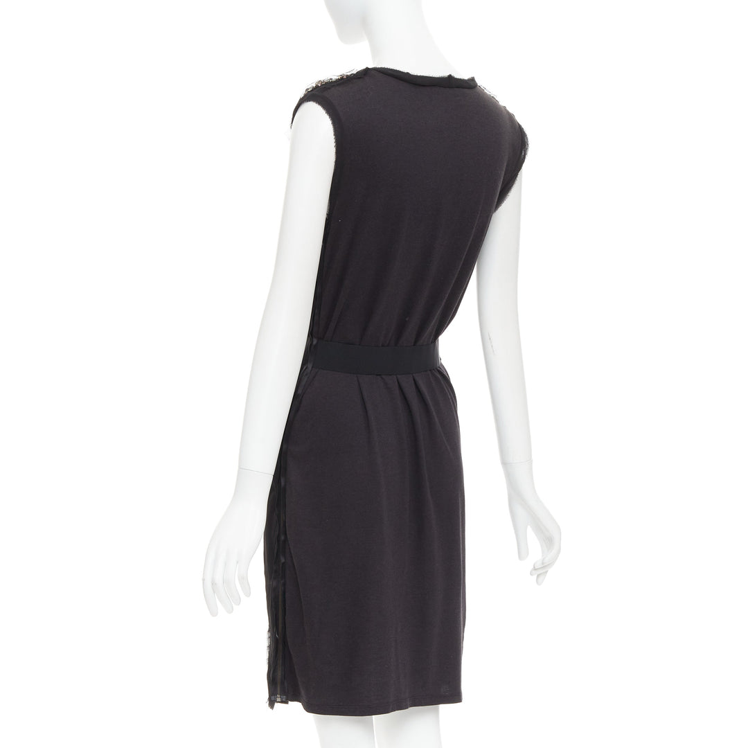 LANVIN black bamboo cotton crystal rhinestone belted dress M