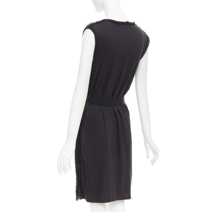 LANVIN black bamboo cotton crystal rhinestone belted dress M