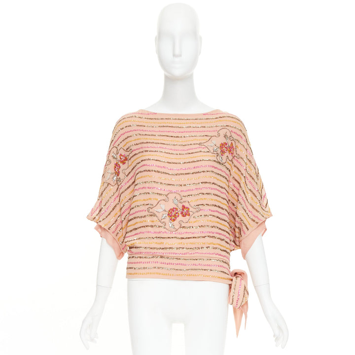 COLLETTE DINNIGAN blush pink 100% silk metallic sequin embellished lined top S
