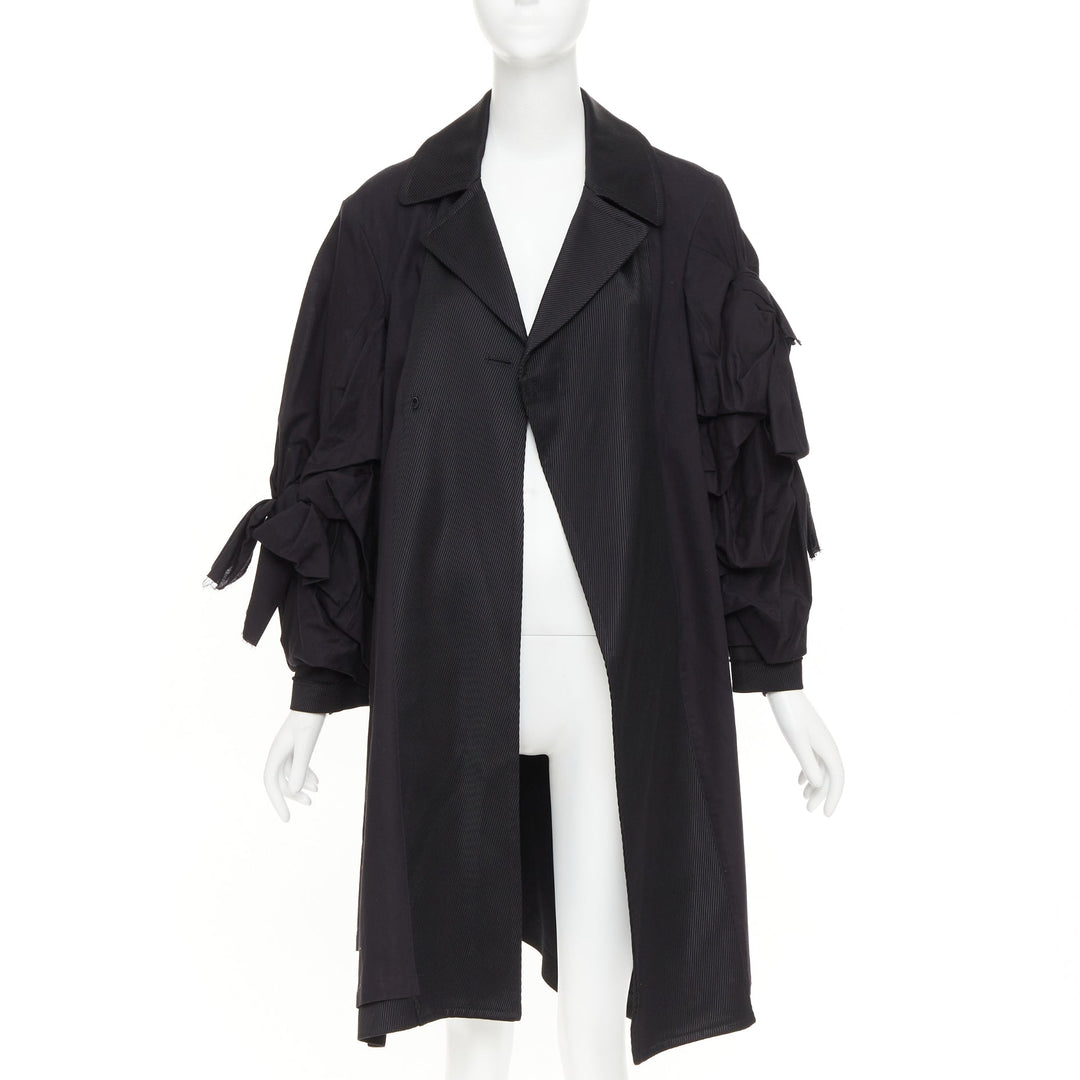 COMME DES GARCONS 2021 black twill cotton ruffled bow sleeve asymmetric coat S