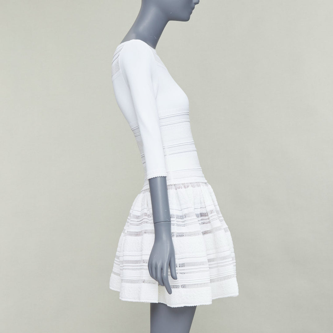 ALAIA cream viscose blend cropped sleeve bateau neck fit flare dress FR36 S