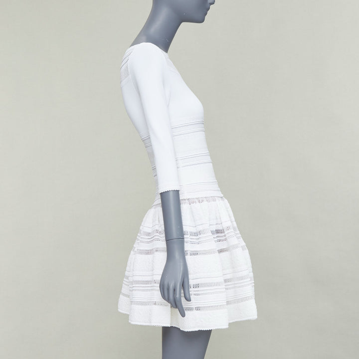ALAIA cream viscose blend cropped sleeve bateau neck fit flare dress FR36 S
