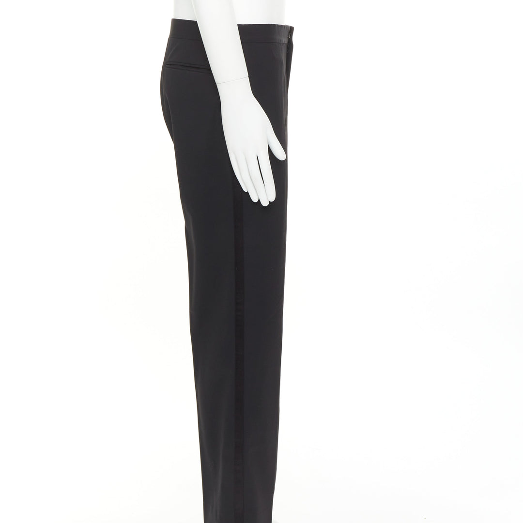 HERMES black wool blend satin trim side handstitched mid waist trousers IT50 XL
