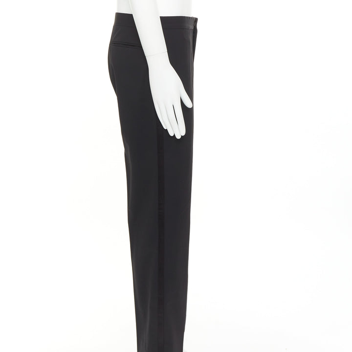 HERMES black wool blend satin trim side handstitched mid waist trousers IT50 XL