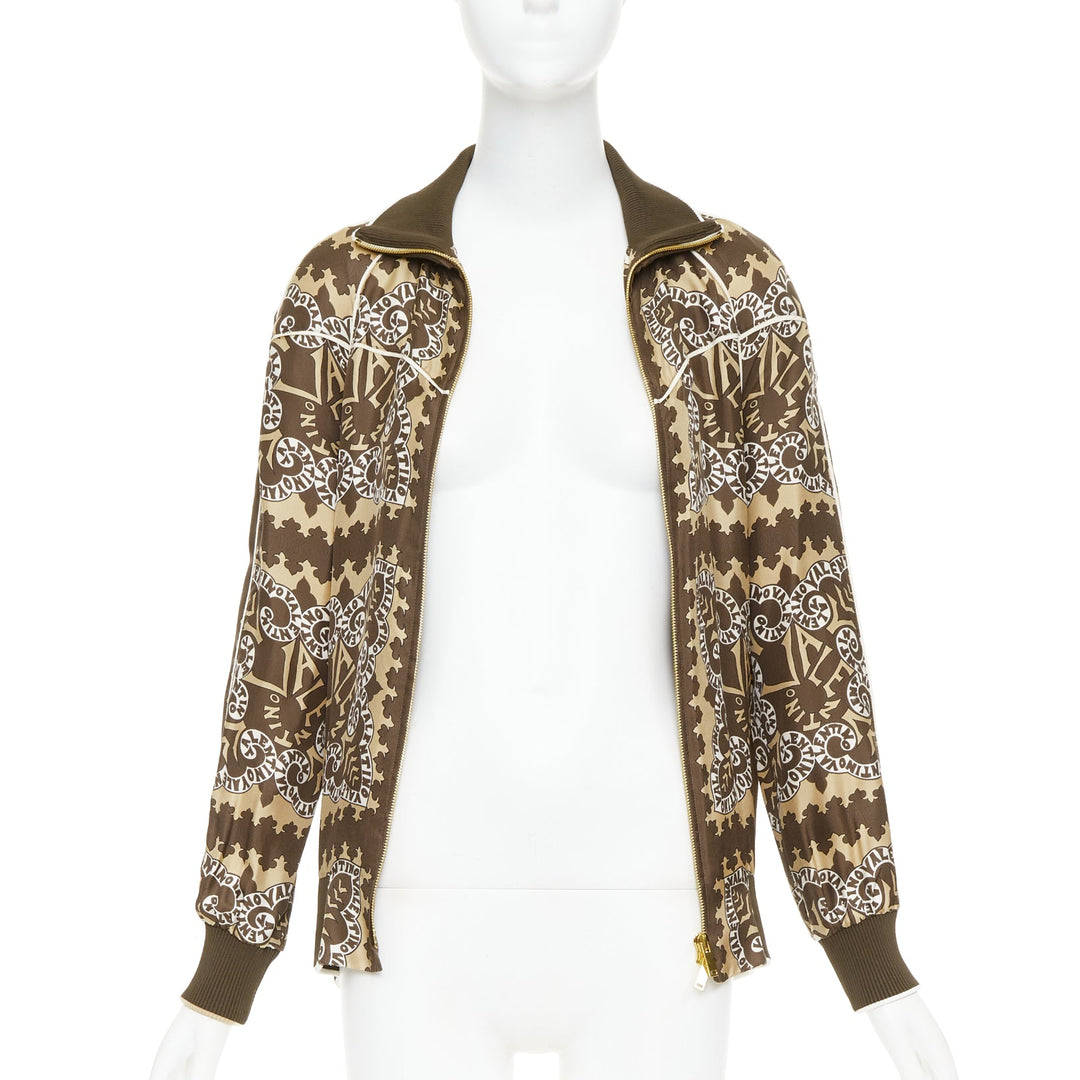 VALENTINO brown hue 100% silk logo scarf print collared track jacket IT38 XS