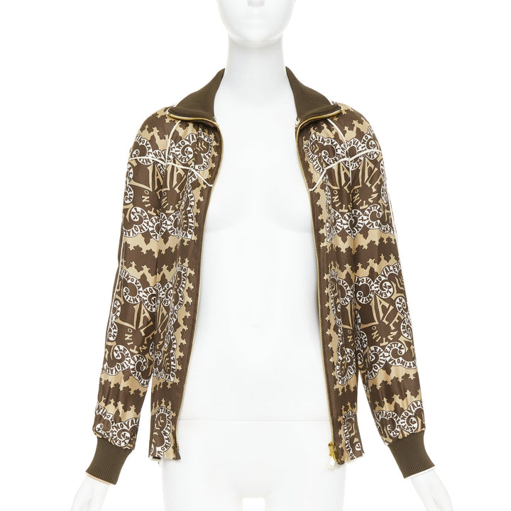 VALENTINO brown hue 100% silk logo scarf print collared track jacket IT38 XS