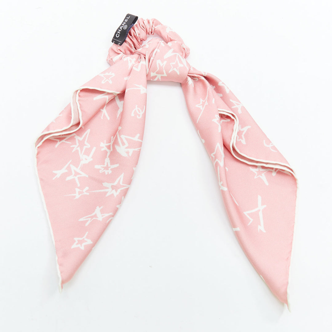 CHANEL 2022 100% silk pink white CC star print hair ribbon scrunchie