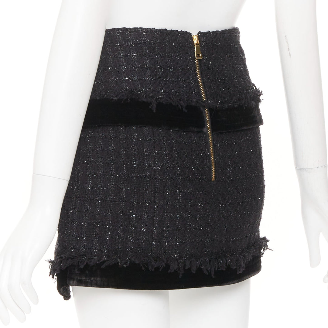BALMAIN black cotton blend metallic tweed gold buttons foldover skirt FR34 XS