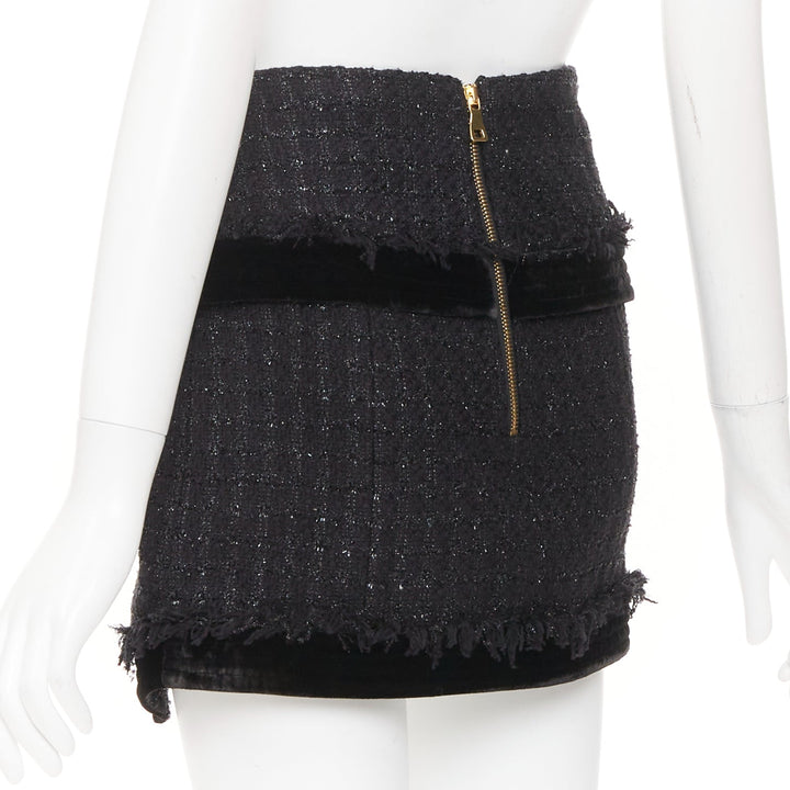 BALMAIN black cotton blend metallic tweed gold buttons foldover skirt FR34 XS