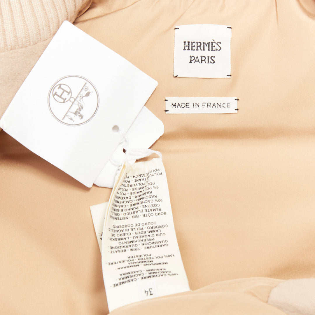 HERMES beige quilted waterproof 100% cashmere lambskin down puffer vest FR34 XXS