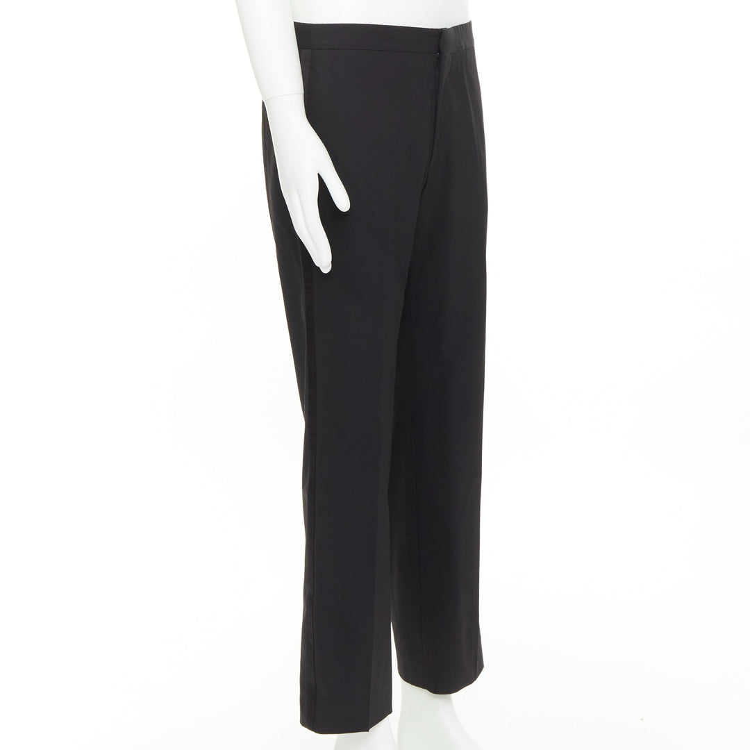 HERMES black wool blend satin trim side handstitched mid waist trousers IT50 XL