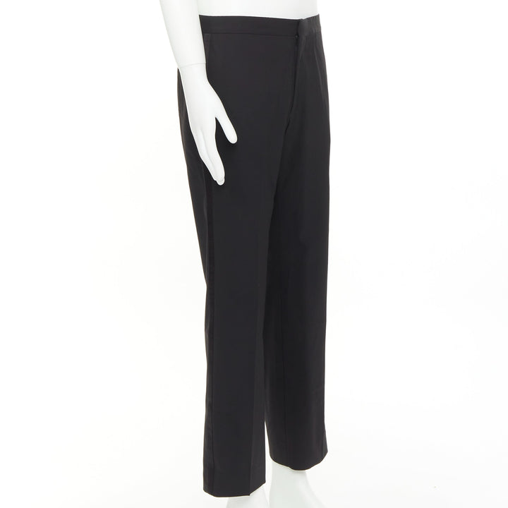 HERMES black wool blend satin trim side handstitched mid waist trousers IT50 XL
