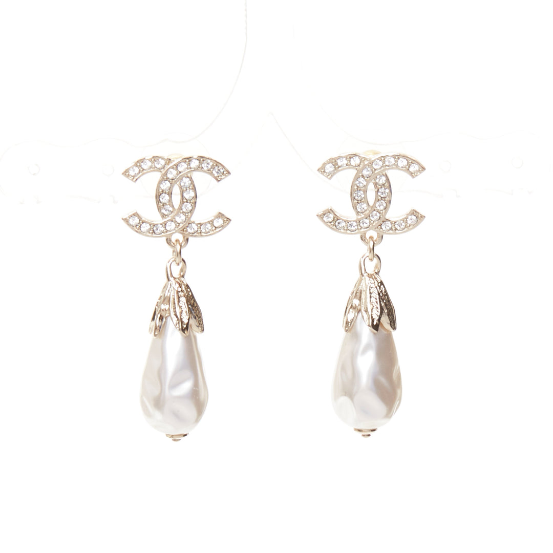 CHANEL L25S champagne gold CC logo crystal pave drop pearl pin earrings pair