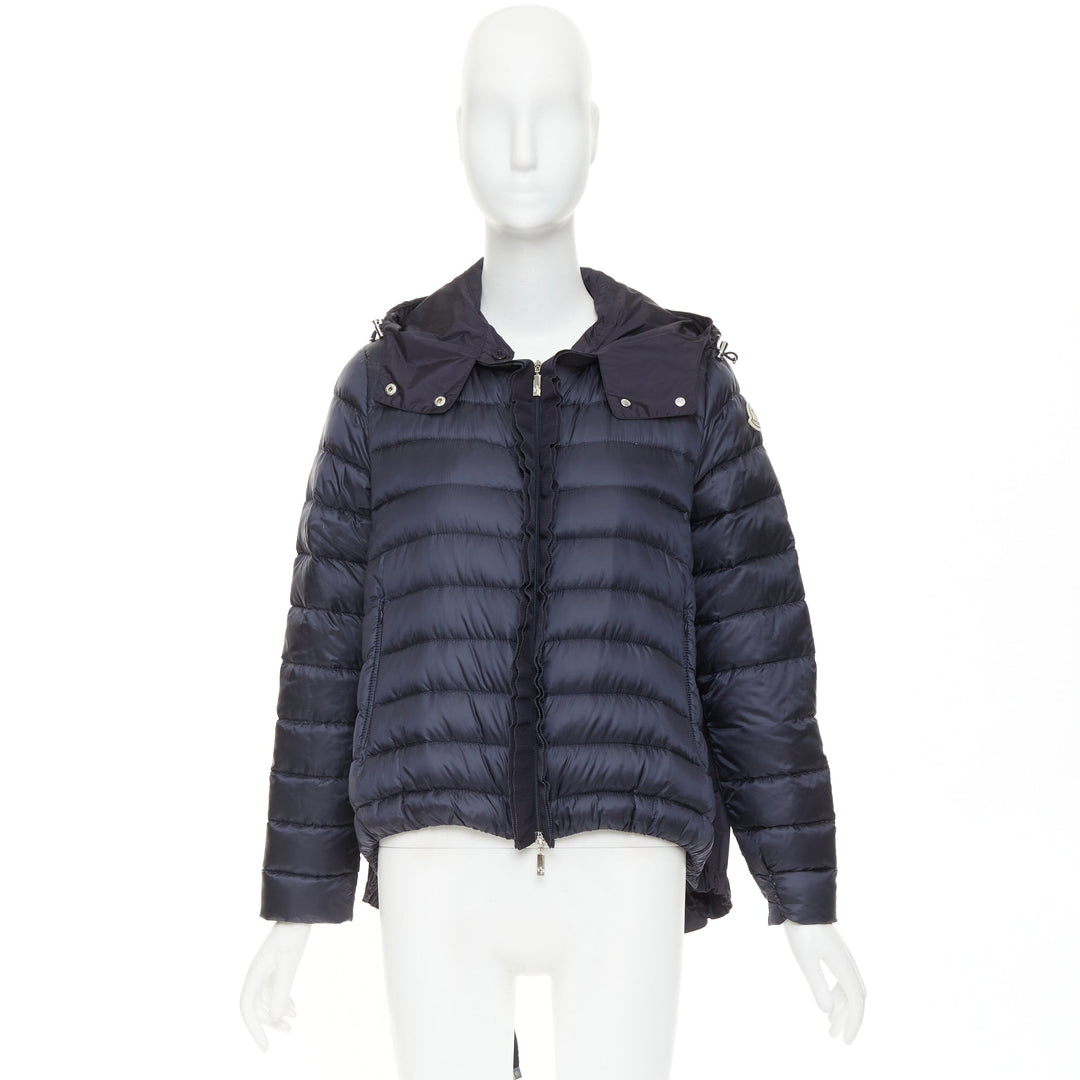 MONCLER Dorothee Guibbotto navy nylon ruffle trim hooded jacket Sz2 M