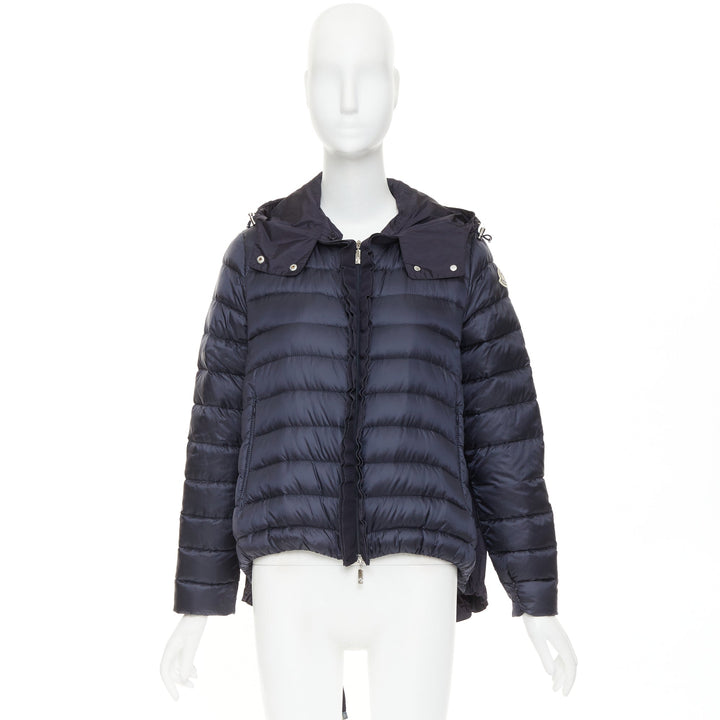 MONCLER Dorothee Guibbotto navy nylon ruffle trim hooded jacket Sz2 M