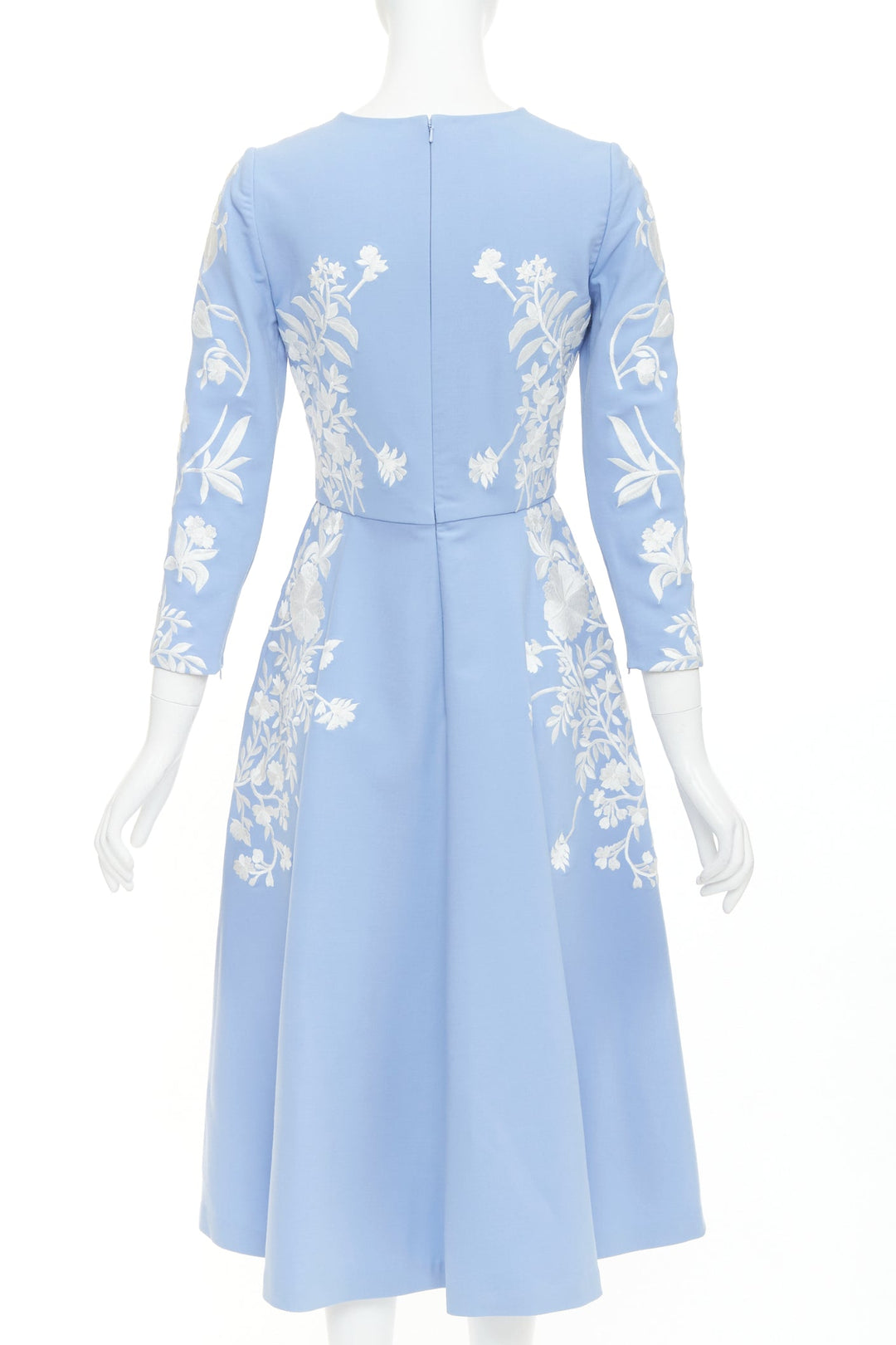 OSCAR DE LA RENTA 2019 blue white virgin wool floral embroidered dress US4 M