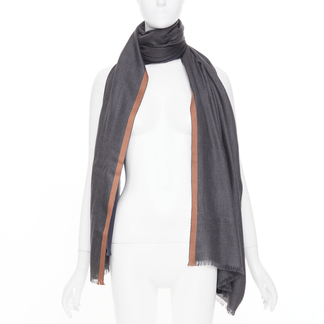 LORO PIANA Balat Stola grey navy camel cashmere silk fringe lightweight scarf