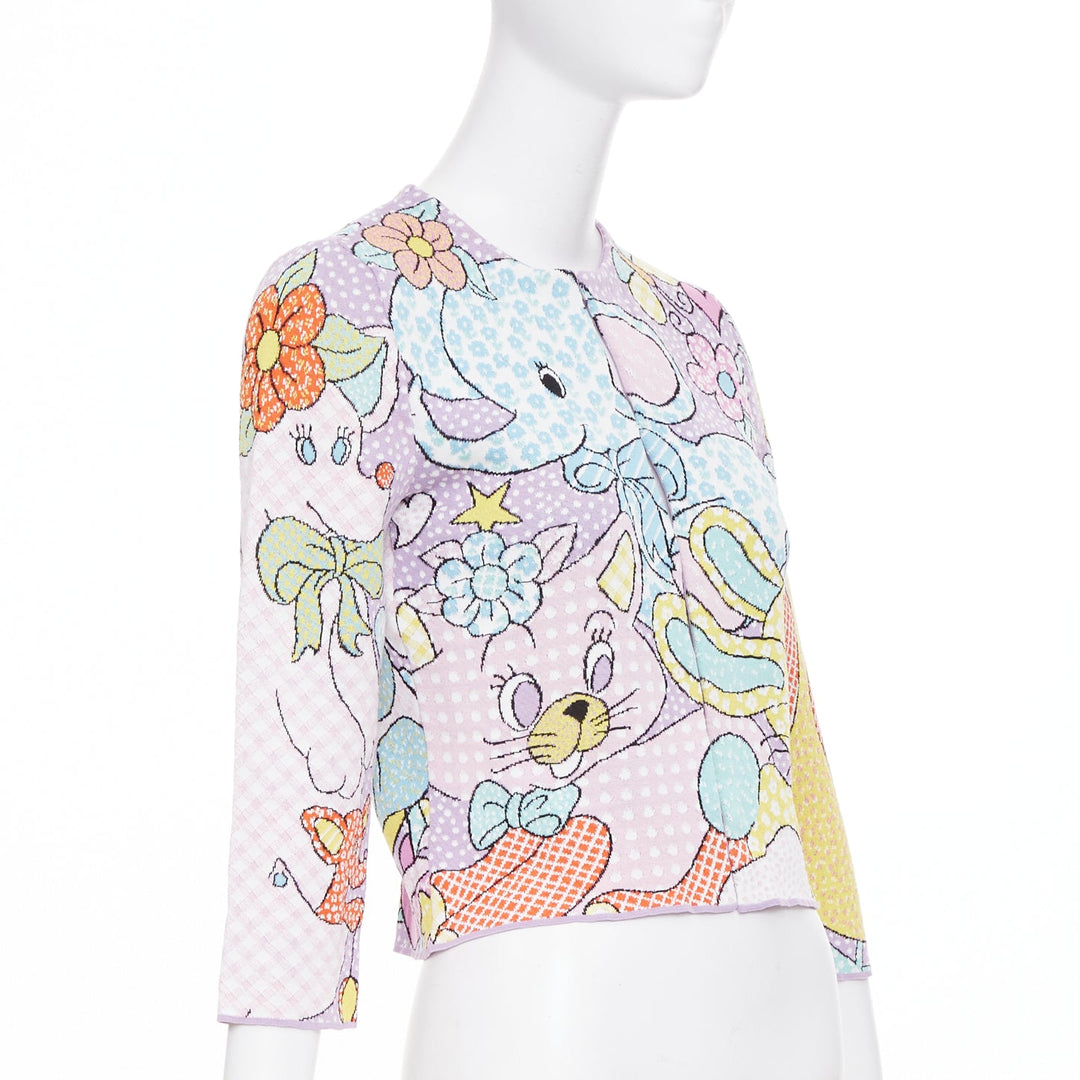 MOSCHINO 2022 Runway Calico Animals lilac blue pink cartoon knit cardigan IT36