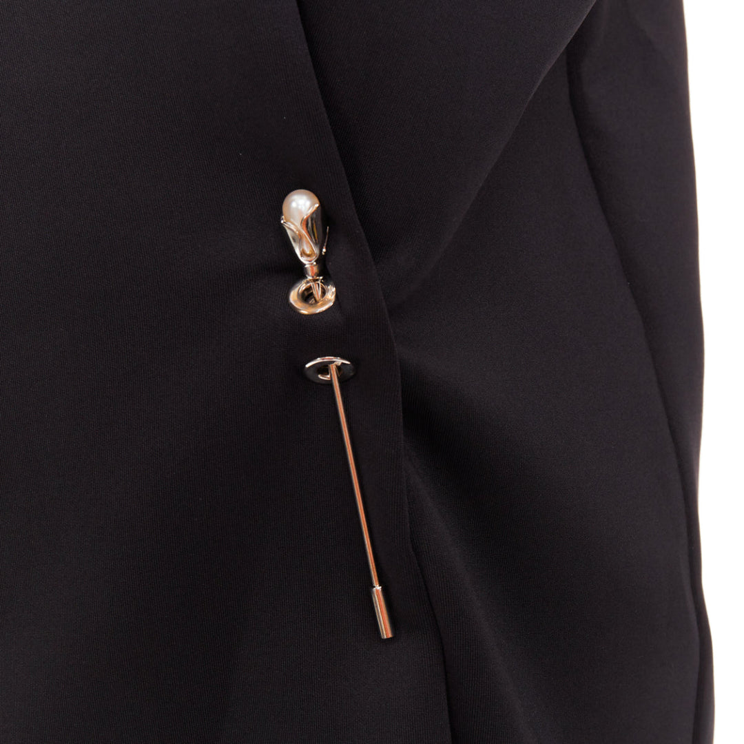 BALENCIAGA 2015 Runway black neoprene pearl pin asymmetric draped boxy top S