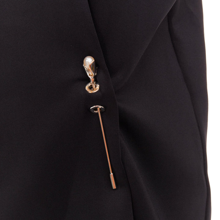 BALENCIAGA 2015 Runway black neoprene pearl pin asymmetric draped boxy top S