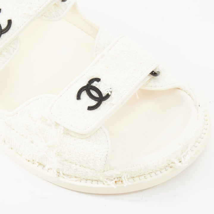 CHANEL 2021 frayed white tweed CC hook and loop open toe dad sandals EU37.5C
