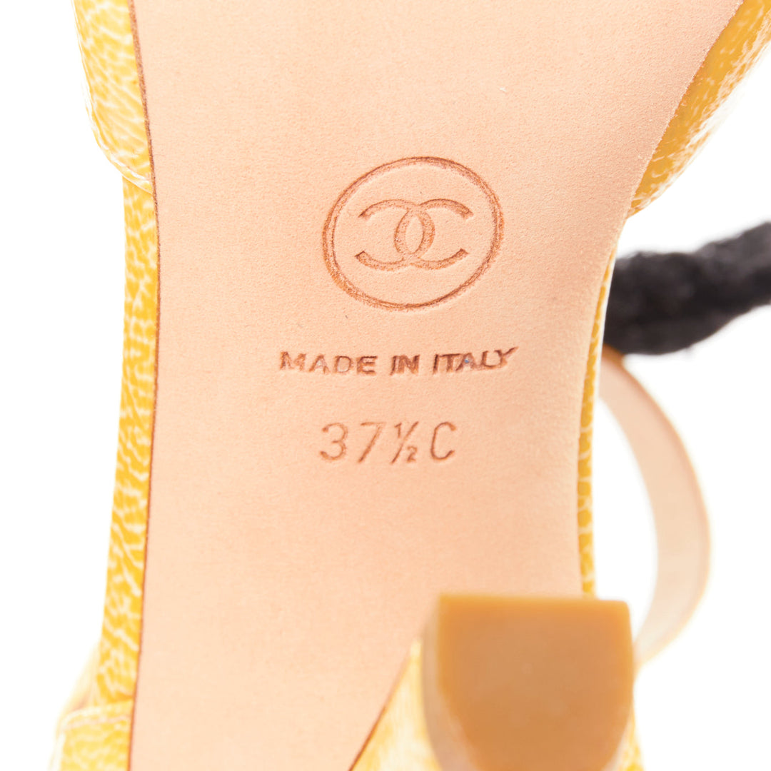 CHANEL 14C butter yellow patent leather CC logo bow maryjane pumps EU37.5