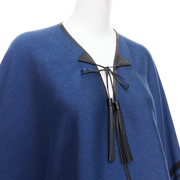 LOUIS VUITTON blue cashmere blend black leather tassel LV logo poncho
