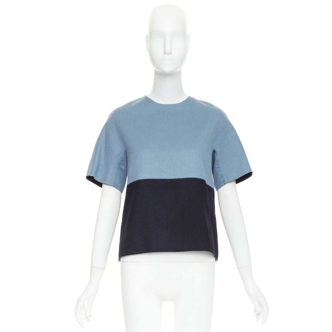 THE ROW bicolor blue black wool cashmere crew neck half sleeve top US0 XS