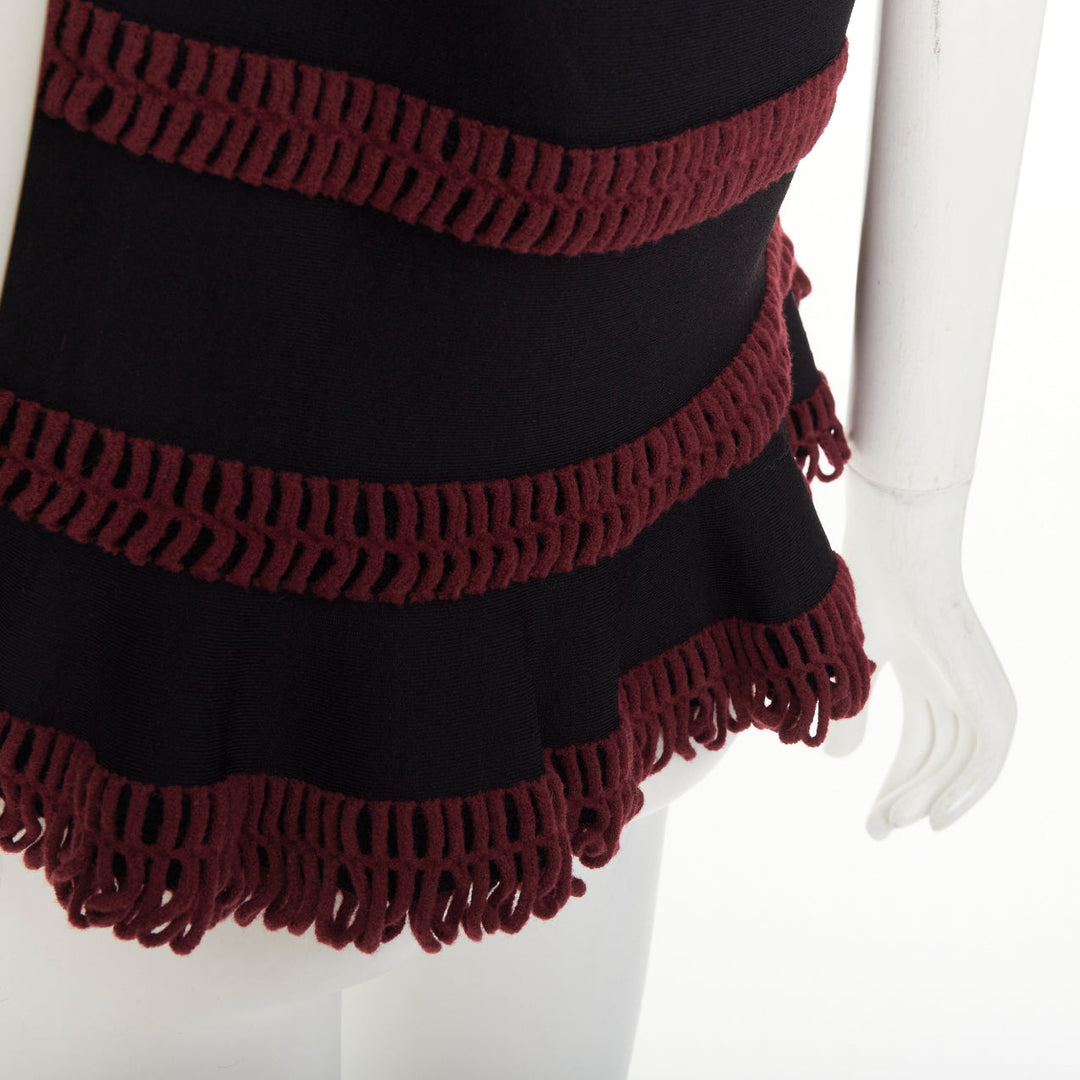 ALAIA burgundy openwork crochet tiered ruffle viscose blend peplum top FR36 S