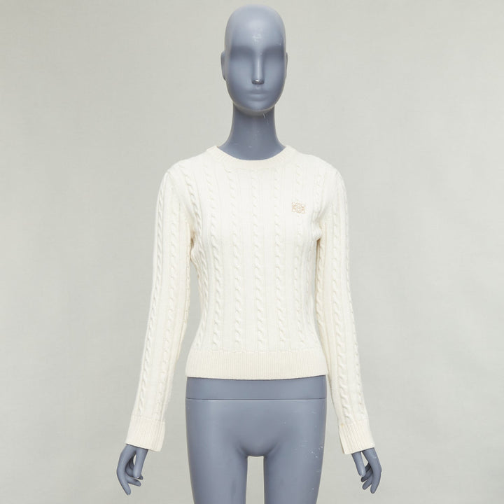LOEWE ecru wool cotton anagram cable knit cropped sweater XS