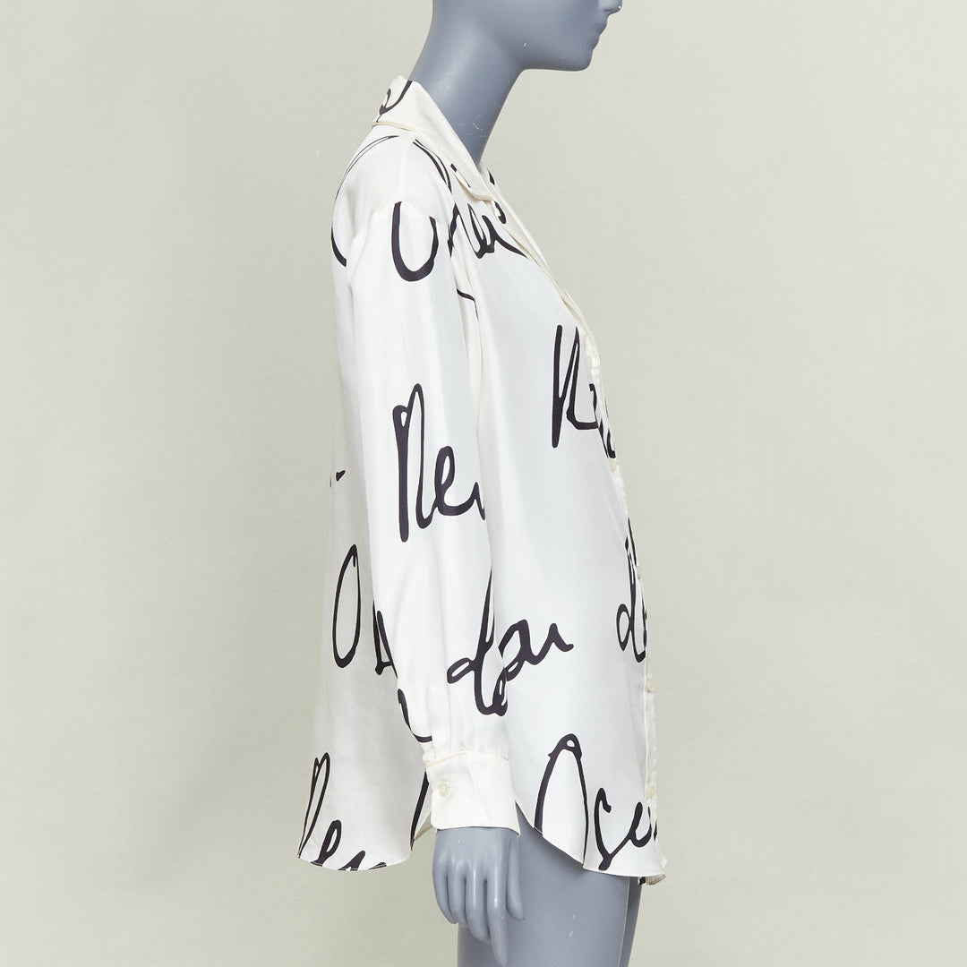 OSCAR DE LA RENTA C21 Runway black cursive script print white silk shirt top XS