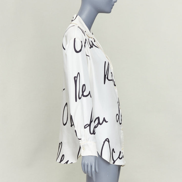 OSCAR DE LA RENTA C21 Runway black cursive script print white silk shirt top XS