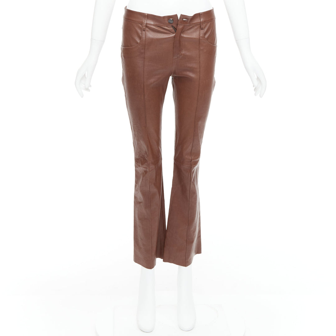 JITROIS brown genuine lambskin leather mid waist flare pants FR36 S